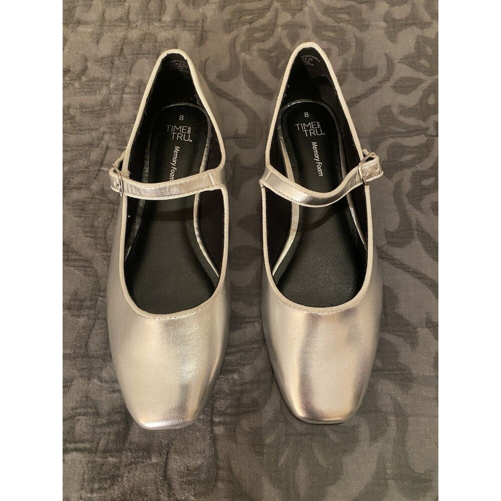 Time and Tru Metallic Silver Faux Leather Mary Jane Balletcore Flats Size 8